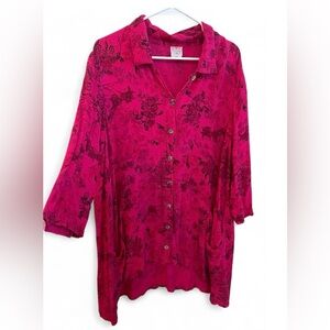 Vintage Lagenlook Pink Flowy Shirt Whimsical Artsy Button Down Asymmetrical Hem